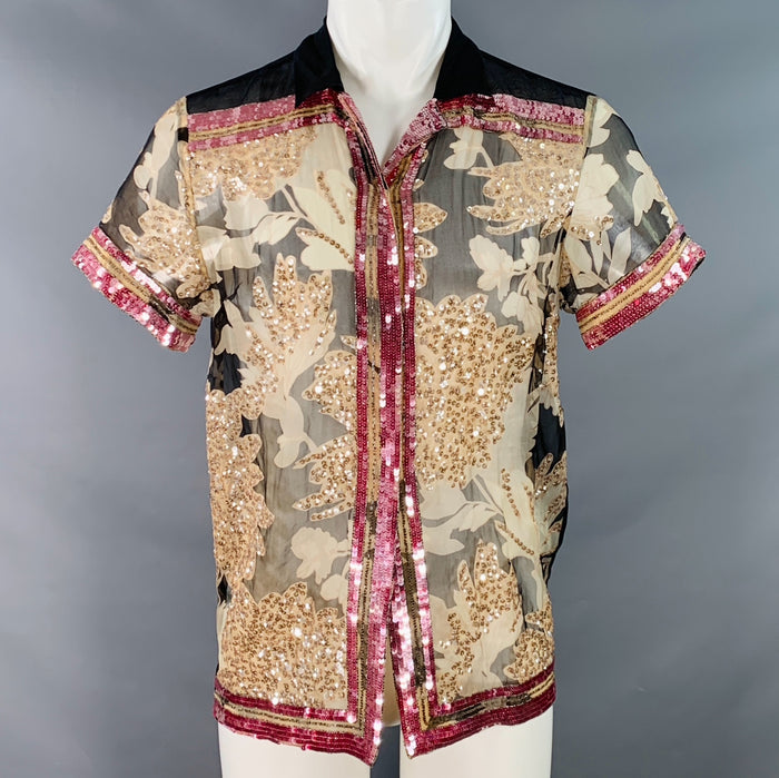 DRIES VAN NOTEN Size XS Black Beige Pink Sequined Silk Short Sleeve Shirt