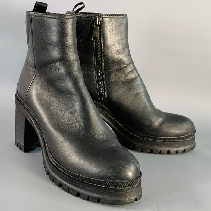 PRADA Size 6 Black Leather Tread Sole Stacked Heel Boots
