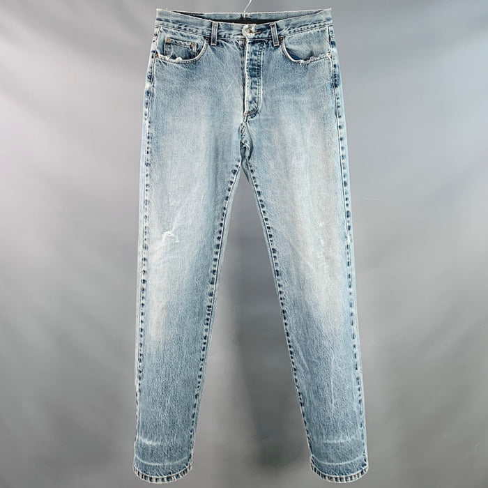 GUCCI Size 34 Blue Distressed Cotton Tapered Button Fly Jeans
