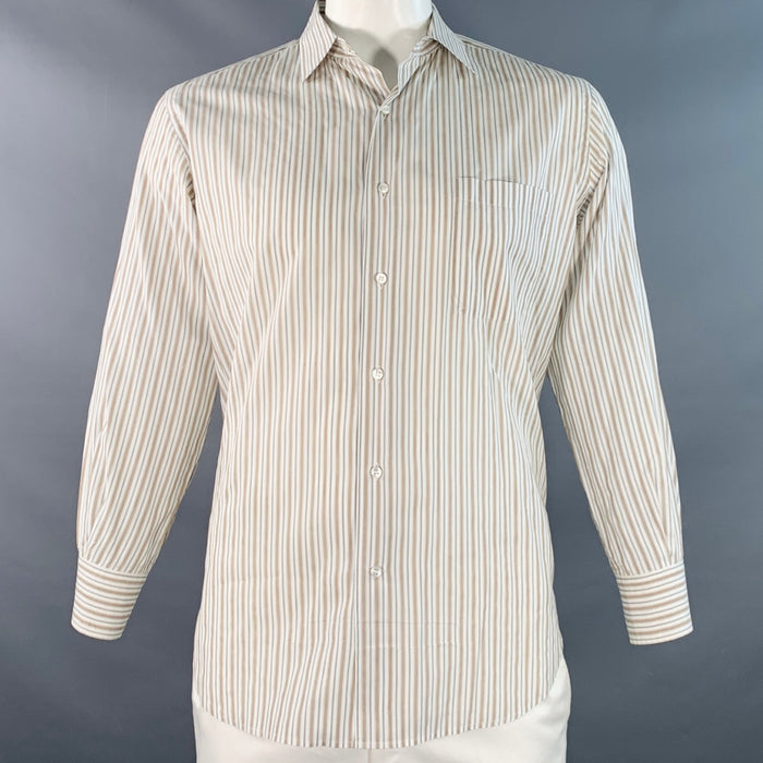 LORO PIANA Size L White Tan Grey Stripe Cotton One Pocket Long Sleeve Shirt
