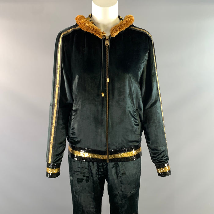 VERSACE Size 4 Black Gold Viscose & Silk Baroque Track Jacket Set