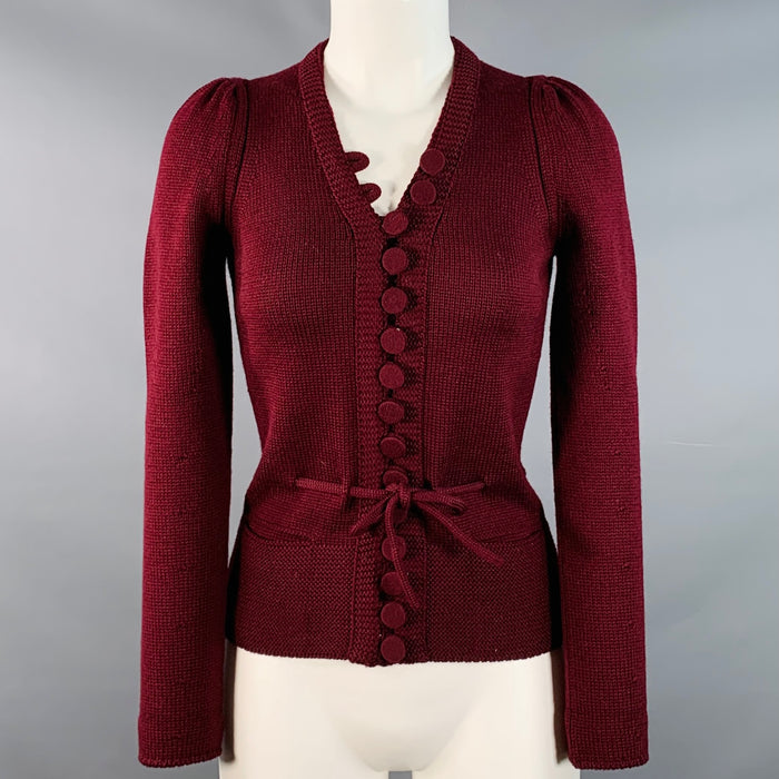 GUCCI Vintage Size S Burgundy Wool Blend Knit Puff Shoulder Tie Cardigan