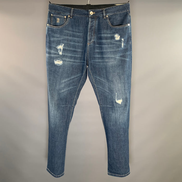 BRUNELLO CUCINELLI Size 36 Blue Indigo Distressed Cotton Button Fly Jeans