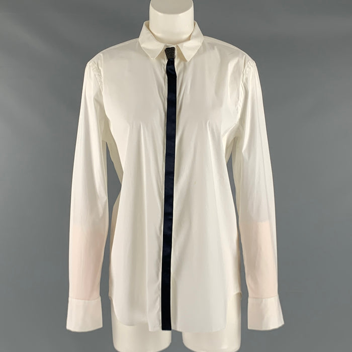 BRUNELLO CUCINELLI Talla XL Camisa blanca negra de mezcla de algodón con ribetes en contraste