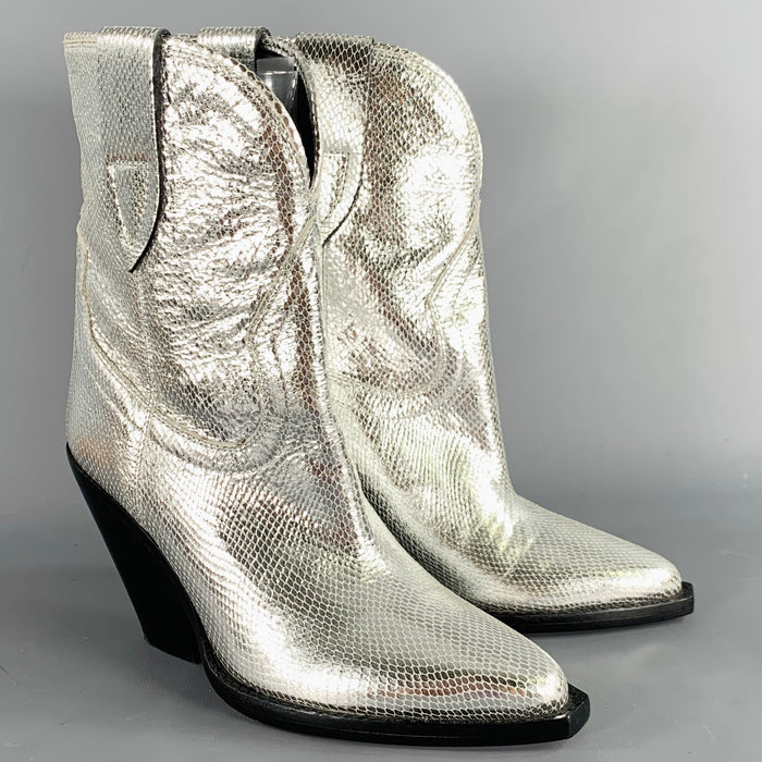 ISABEL MARANT Size 7 Silver Leather Textured Snake Embossed Leather Western Boots