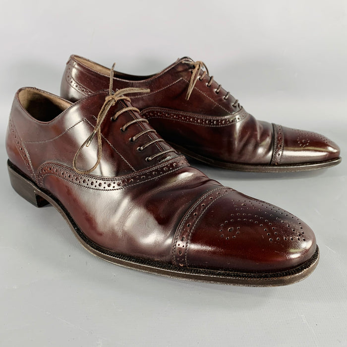 SALVATORE FERRAGAMO Size 10.5 Brown Perforated Leather Cap Toe Lace-Up Shoes
