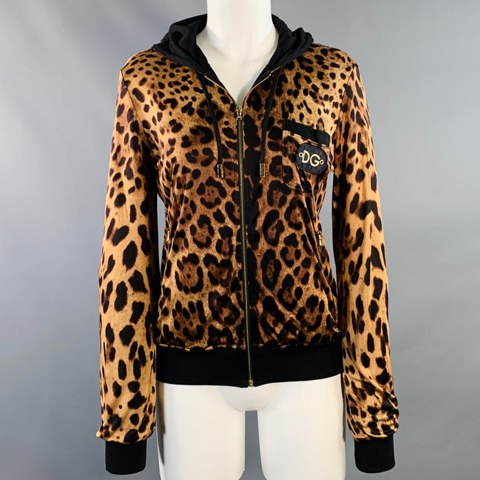 DOLCE & GABBANA Size 4 Brown Black Satin Animal Print Zip Up Jacket
