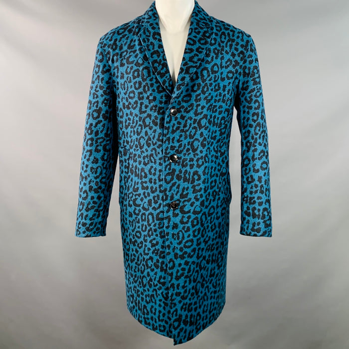 PAUL SMITH Size 38 Blue Black Animal Print Wool Alpaca Notch Lapel Coat