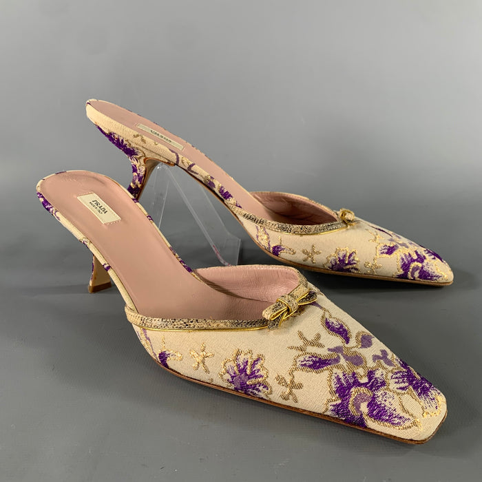 PRADA Size 9 Champagne Purple Jacquard Floral Mules Pumps