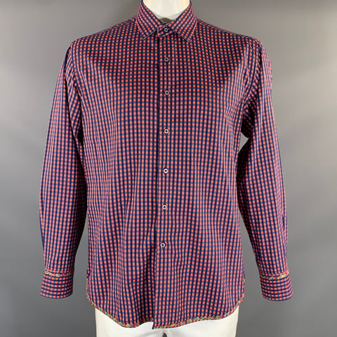 ROBERT GRAHAM Size L Orange Navy Gingham Cotton Button Up Long Sleeve Shirt