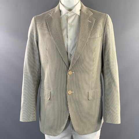 LUCIEN PELLAT-FINET Chest Size XL White Black Stripe Cotton Sport Coat