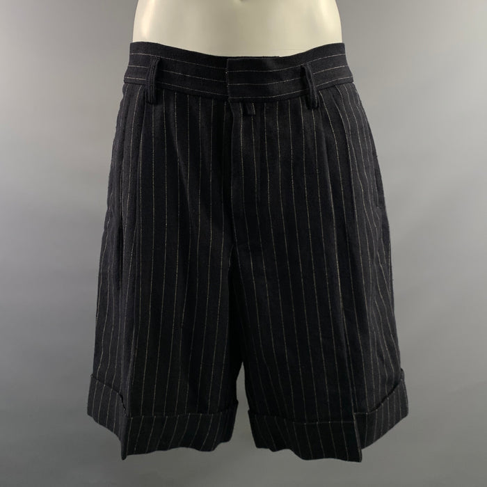 DRIES VAN NOTEN Size 38 Navy Beige Pinstripe Wool Linen Pleated Shorts