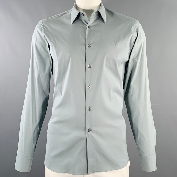 PRADA Size 42 Blue Cotton Blend Spread Collar Long Sleeve Shirt