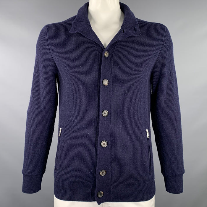 BRUNELLO CUCINELLI Size 44 Navy Ribbed Cashmere Button Up Cardigan