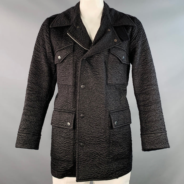 DRIES VAN NOTEN Size L Black Textured Mohair Blend Epaulets Coat
