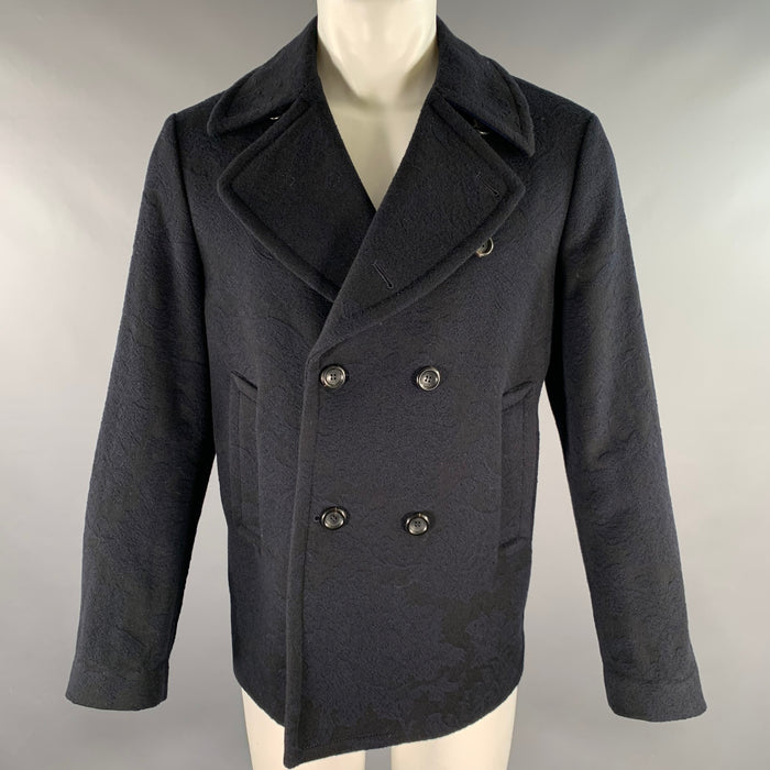 ETRO Size S Navy Abstract floral Wool Double Breasted Peacoat