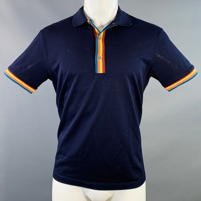 PAUL SMITH Size M Navy Multi Color Striped Trim Cotton Buttoned Polo