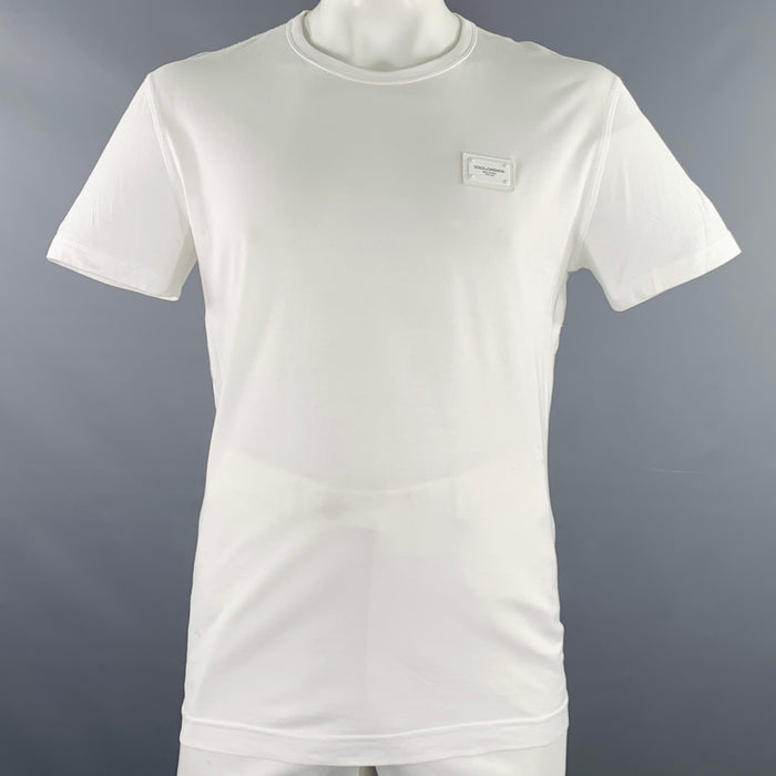 DOLCE & GABBANA Size L White Cotton Logo Patch Crew Neck T-shirt