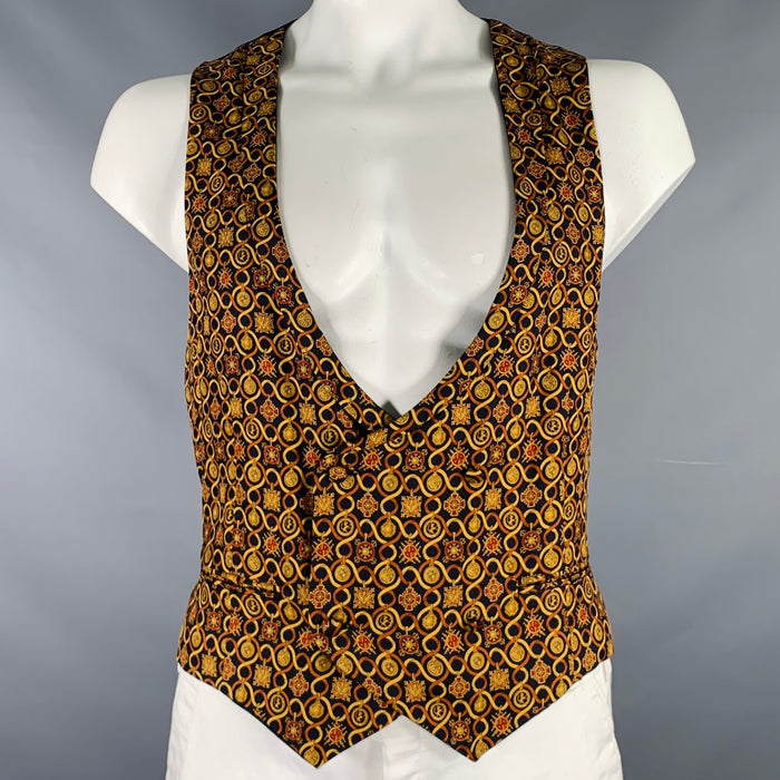 SALVATORE FERRAGAMO Size L Black Gold Print Silk Vest