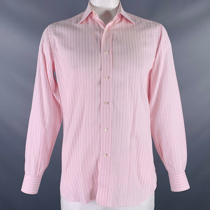 BRIONI Size L Pink Stripe Cotton Button Up Long Sleeve Shirt