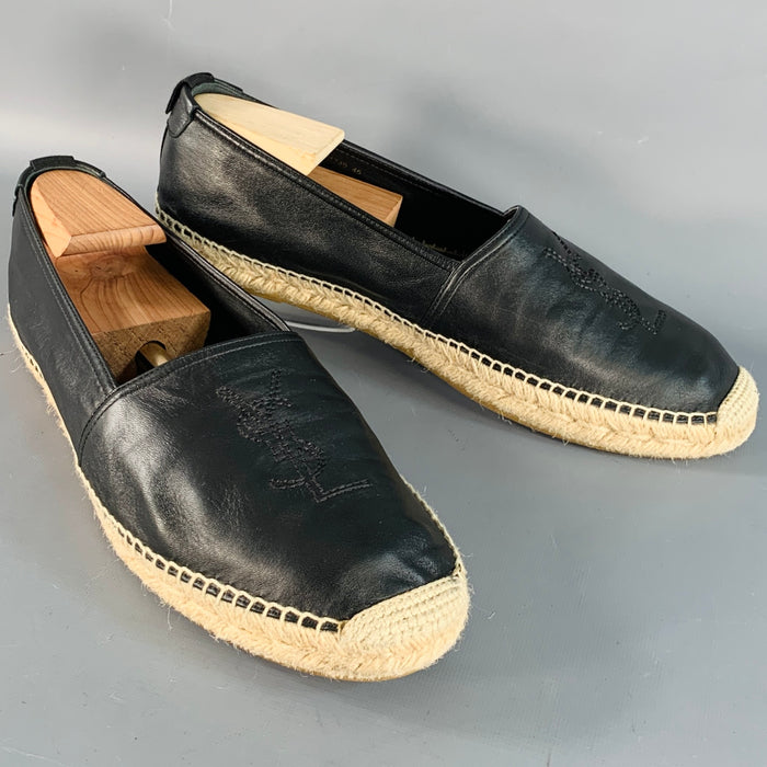SAINT LAURENT Size 12 Black Natural Logo Leather Espadrille Sneakers