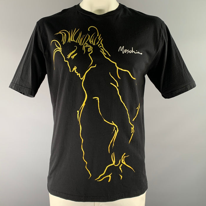 MOSCHINO Size XXL Black Yellow Graphic Cotton Crew Neck T shirt