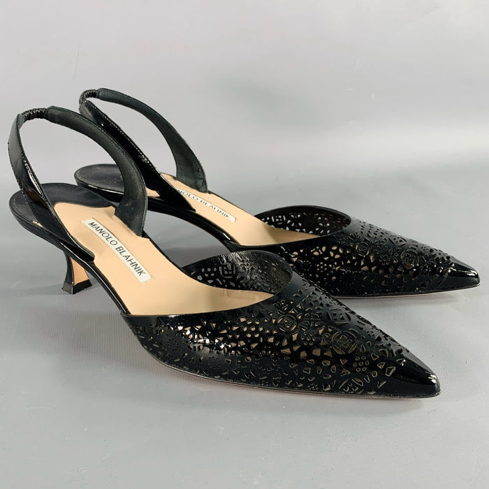 MANOLO BLAHNIK Size 11 Black Perforated Patent Leather Slingback Pumps