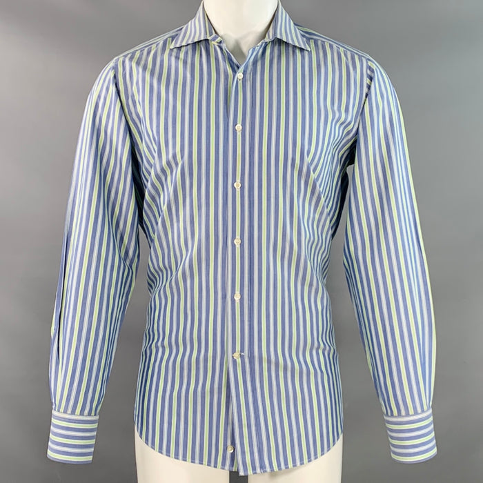 ETRO Size M Blue Green Stripe Cotton Spread Collar Long Sleeve Shirt