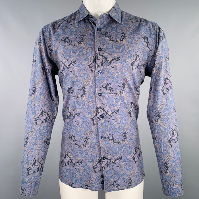 ETRO Size 41 Blue Grey Paisley Curved Cutaway Long Sleeve Shirt