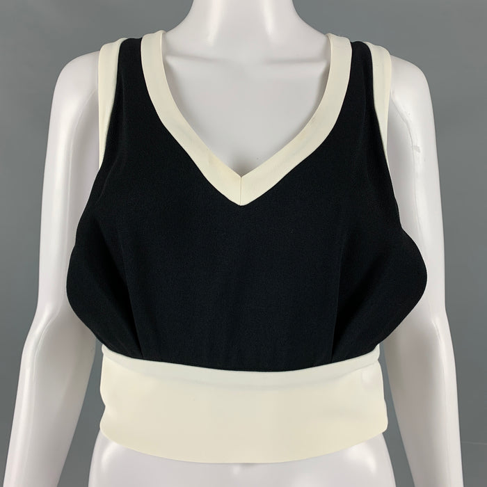 MIU MIU Size 2 Black Cream Viscose Contrast trim V-Neck Casual Top