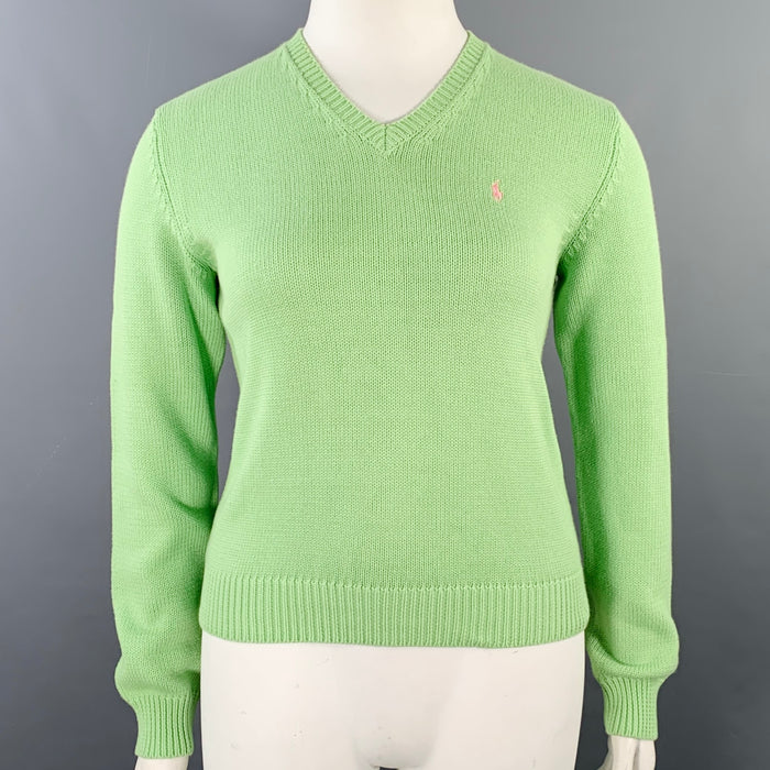 RALPH LAUREN Size L Green Cotton Knit V-Neck Sweater