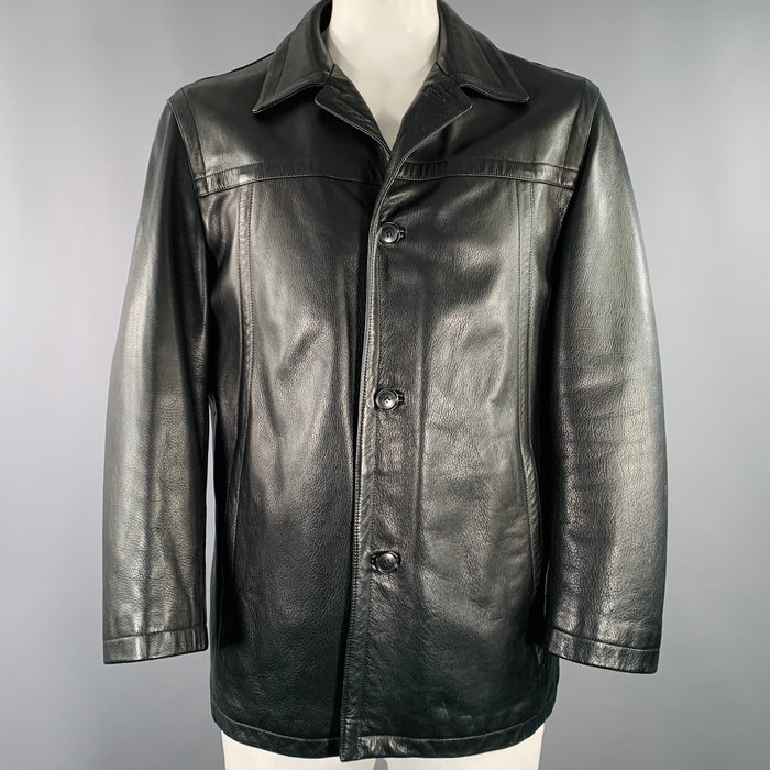 HUGO BOSS Size 44 Crape Black Leather Single Breasted Coat