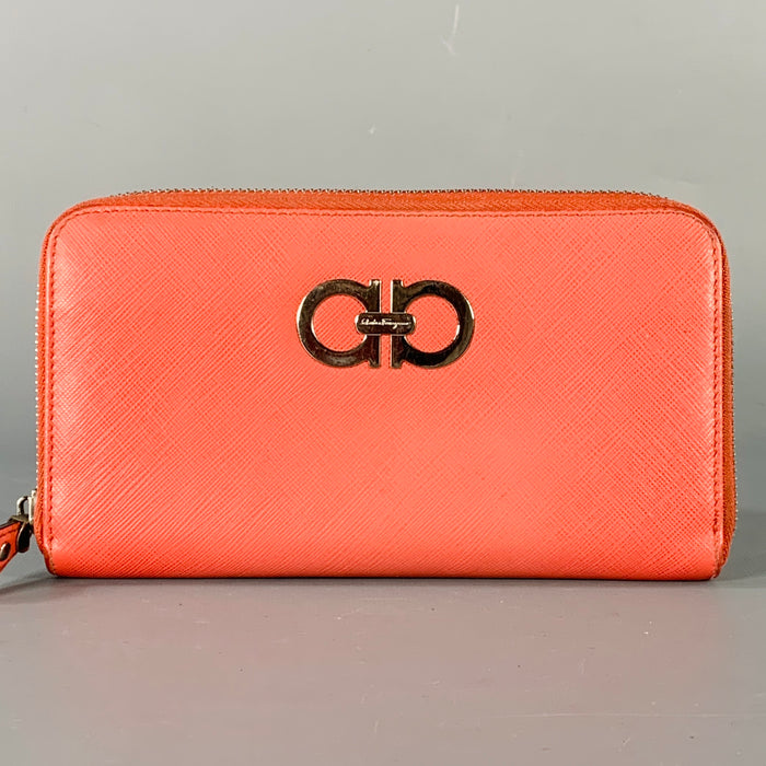 SALVATORE FERRAGAMO Gancini Pink Silver Saffiano Leather Checkbook Wallet