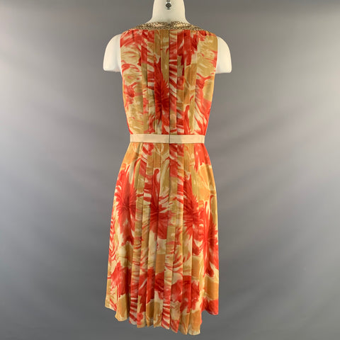CARMEN MARC VALVO Size 6 Tan Coral Silk Floral Pleated Knee Length Dress