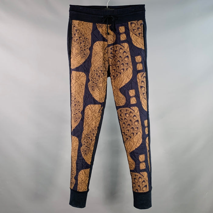 DRIES VAN NOTEN Size S Navy Brown Abstract Cotton Blend Quilted Drawstring Sweatpants Casual Pants