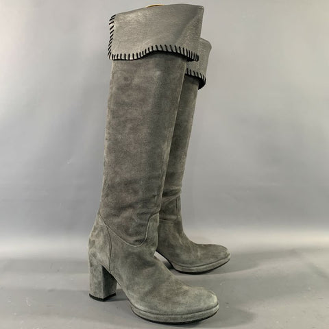 MICHELE NEGRI Size 8 Grey Black Leather Suede Contrast Stitch Boots
