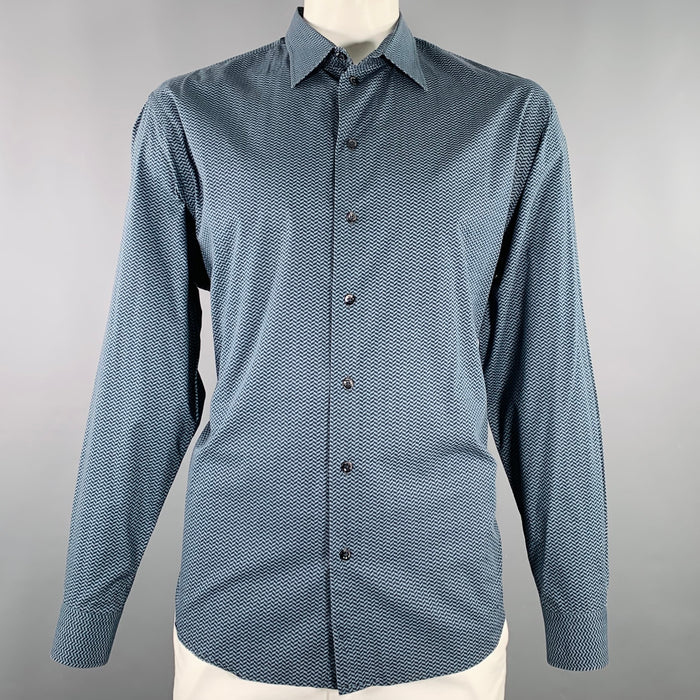 EMPORIO ARMANI Size XXL Blue Black Herringbone Long Sleeve Shirt