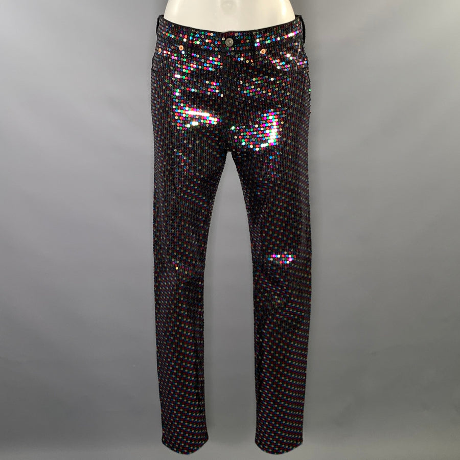GUCCI Size 32 Black Multi Color Cotton & Elastane Sequined Zip Fly Jeans