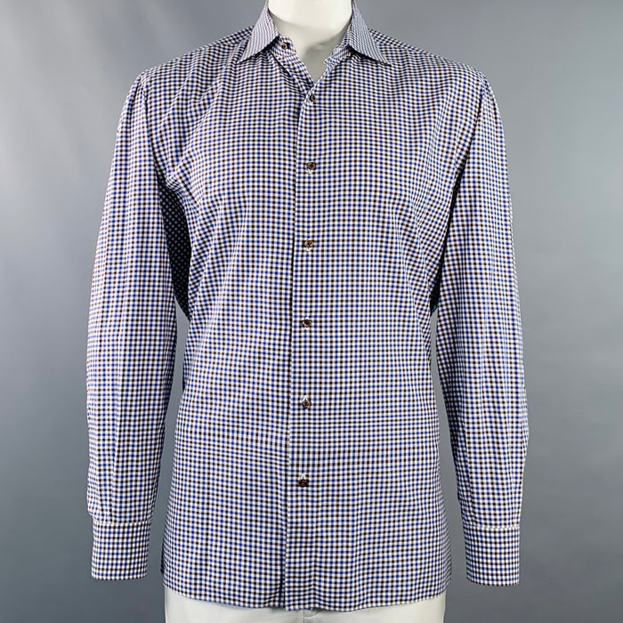 ISAIA Size XL White Blue Brown Plaid Cotton Button Up Long Sleeve Shirt
