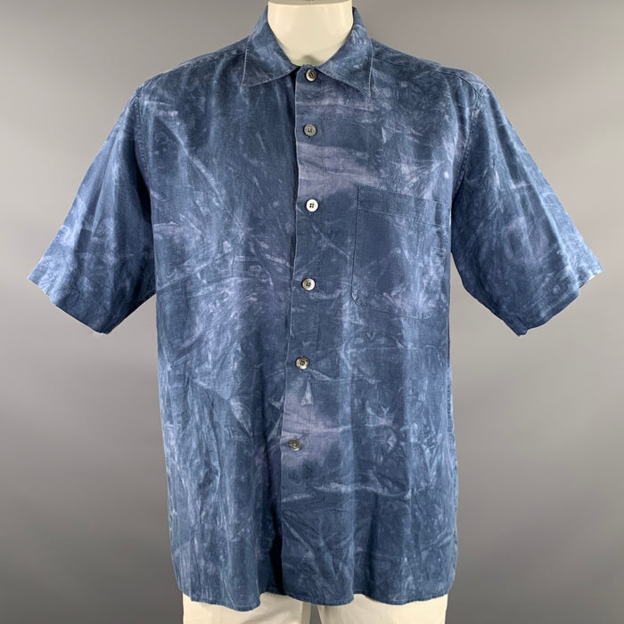 ERMENEGILDO ZEGNA Size XL Blue White Dyed Linen Short Sleeve Shirt