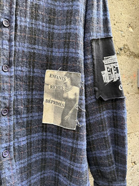 ENFANTS RICHES DEPRIMES SS2016 XL Navy Black Plaid Wool Long Sleeve Shirt