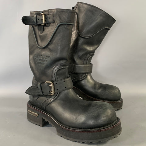 BALENCIAGA Size 8 Black Leather Motorcycle Boots