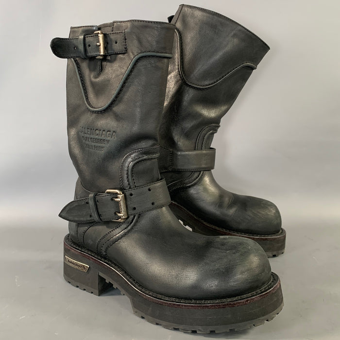BALENCIAGA Size 8 Black Leather Motorcycle Boots