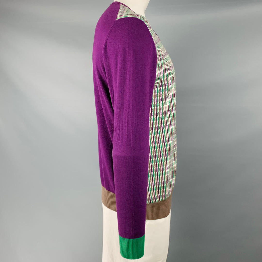 ETRO Size XL Purple Green Knit Cotton Cashmere V-Neck Pullover