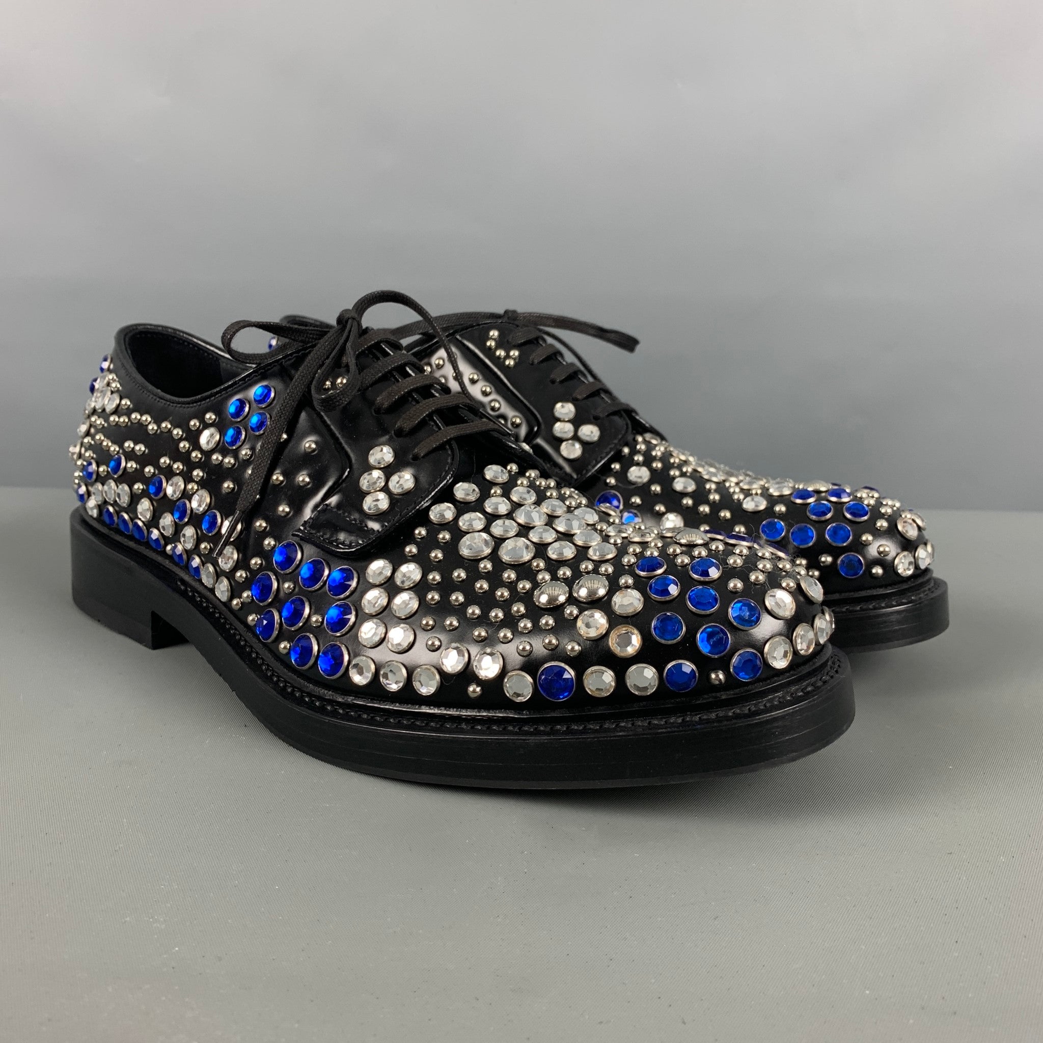 Prada Brushed Leather Derby Shoes With Studs And Rhinestones, Men, Black, Size 9