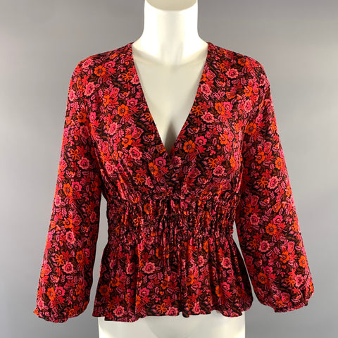 DEREK LAM Size 6 Pink Orange Viscose Floral V Neck Casual Top