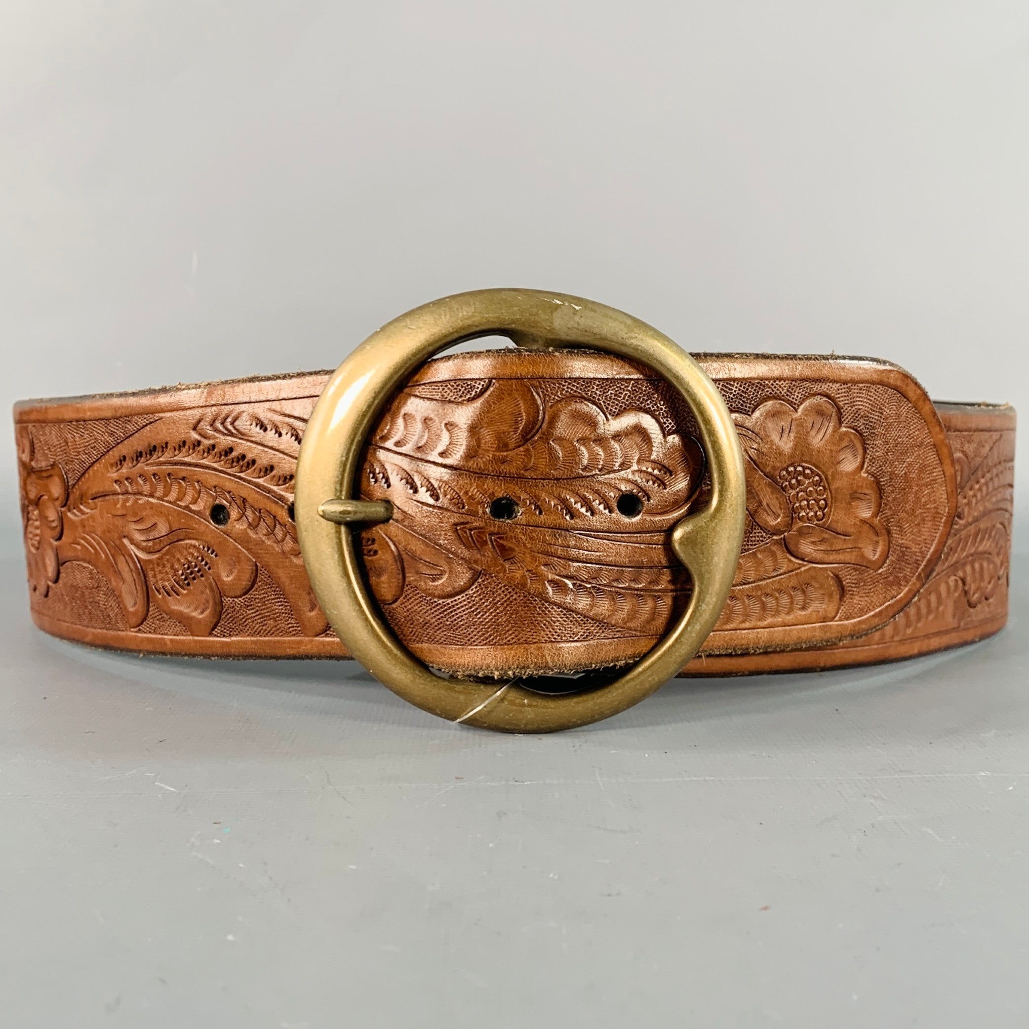 Lauren Ralph Lauren Brown Leather Woven Embossed Belt Brass Buckle Size 38 VG Vtg Ralph Lauren Braided woven Leather belt cognac brown  main image 3