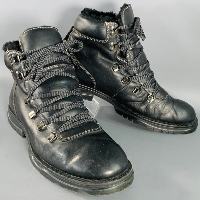 JIMMY CHOO Size 13 Black Leather Shearling Lace-Up Hiking Boots