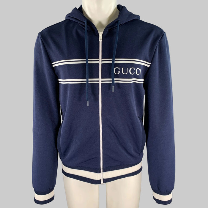 GUCCI Size M Navy White Logo Polyester Zip Up Hoodie Jacket