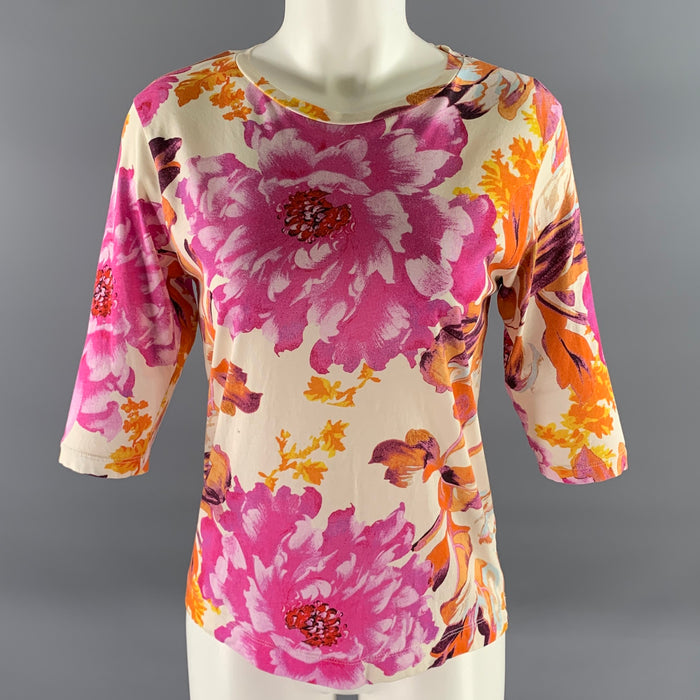 DRIES VAN NOTEN Size XS Pink Orange Cotton Floral T Shirt